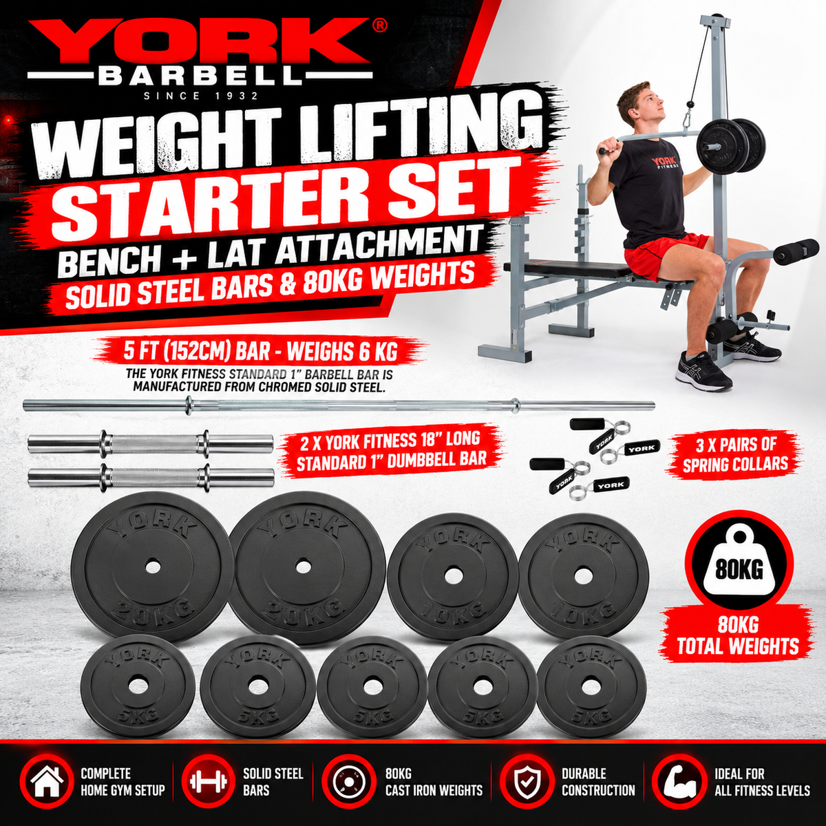 York Barbell Weight Lifting Starter Set - Bench + LAT Attachment ,Solid steel  Bars & 80kg Weights