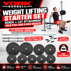 York Barbell Weight Lifting Starter Set - Bench + LAT Attachment ,Solid steel  Bars & 80kg Weights