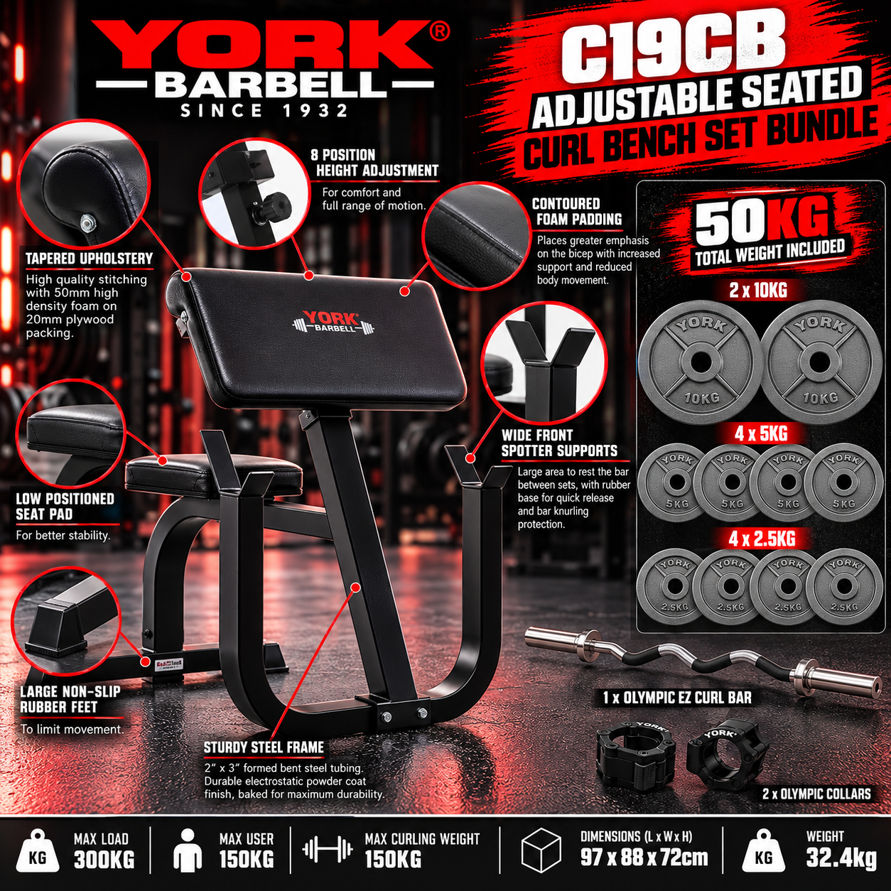 York Barbell C19CB Adjustable Seated 50kg Curl Bench Set Bundle