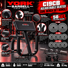York Barbell C19CB Adjustable Seated 50kg Curl Bench Set Bundle