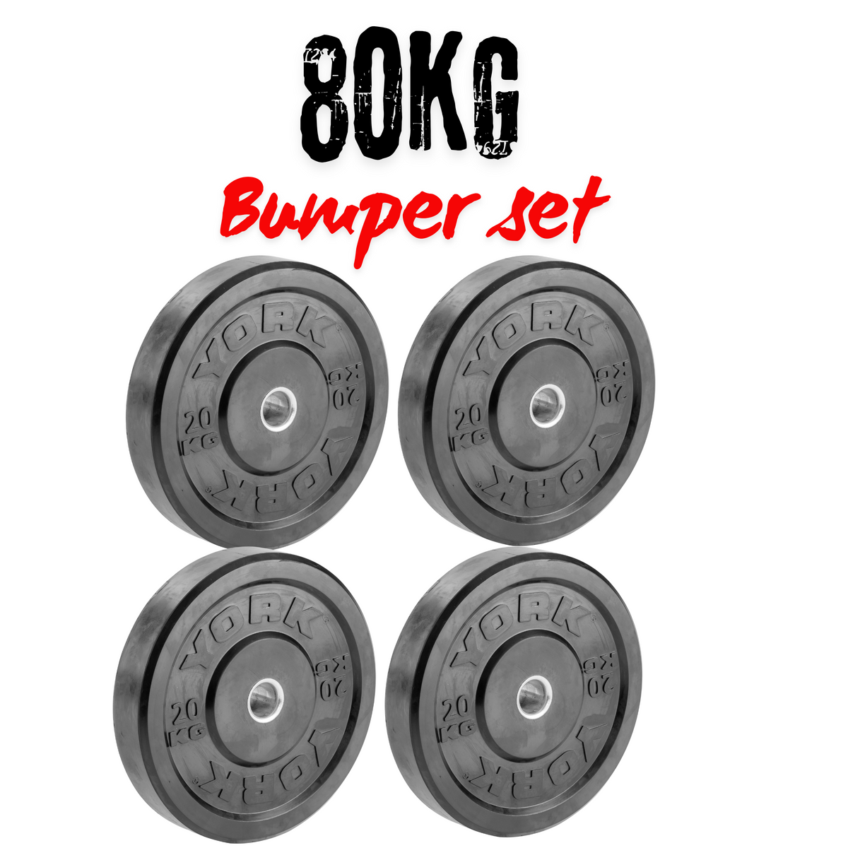 York Barbell Olympic Solid Rubber Black 80KG Bumper Plates Bundle ( 4 x 20kg)