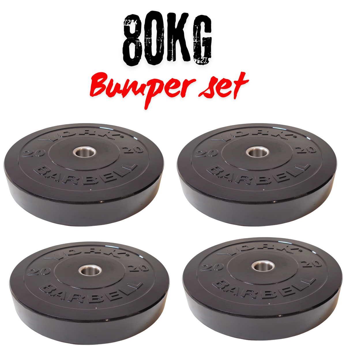 York Barbell Olympic Solid Rubber Black 80KG Bumper Plates Bundle ( 4 x 20kg)