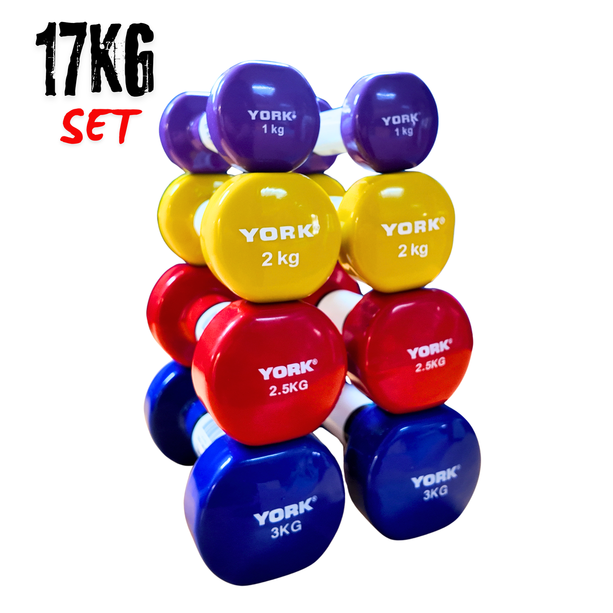York Fitness Vinyl Dipped Dumbbells 17kg Set Bundle