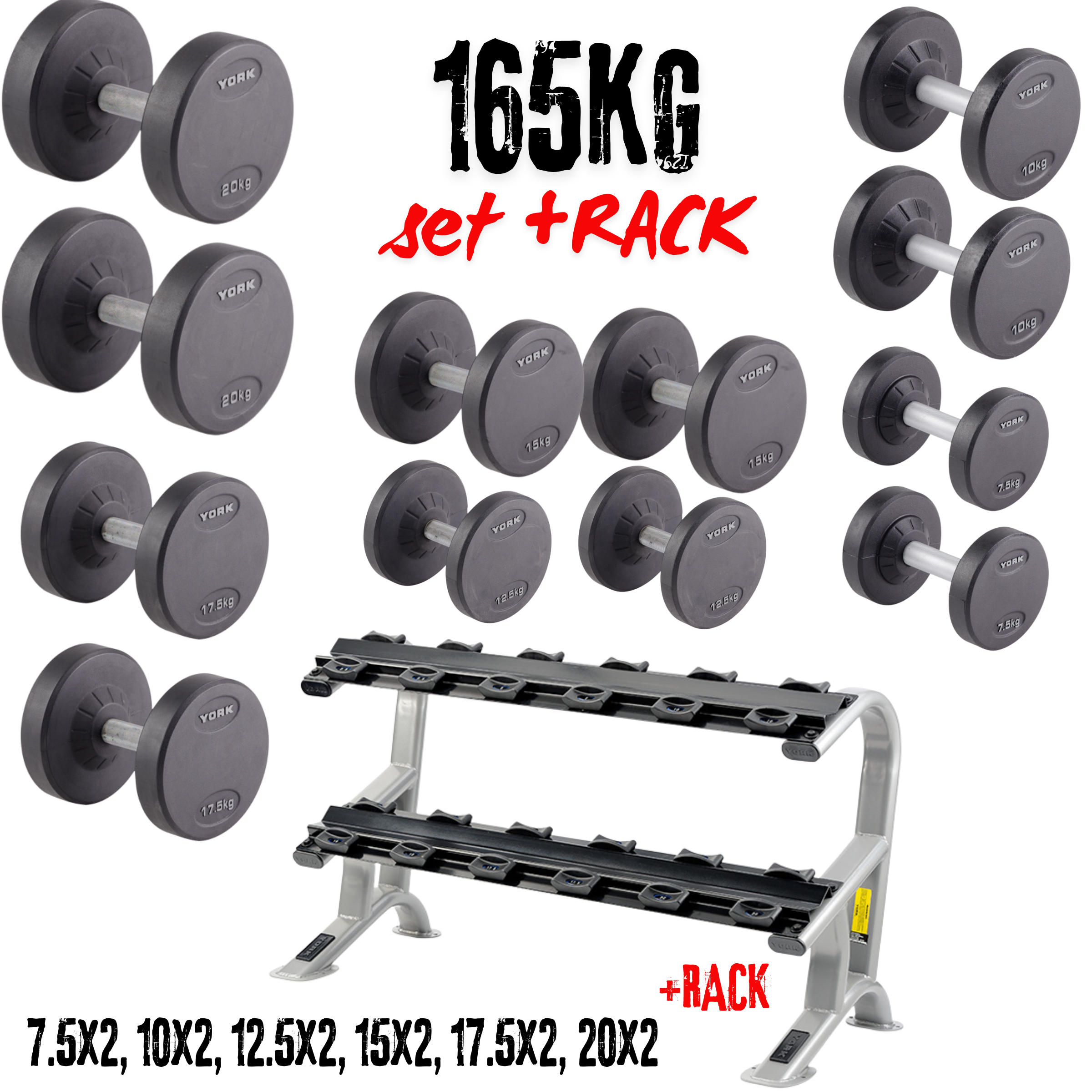 York Barbell 165kg Pro-Style Dumbbells & Rack Set