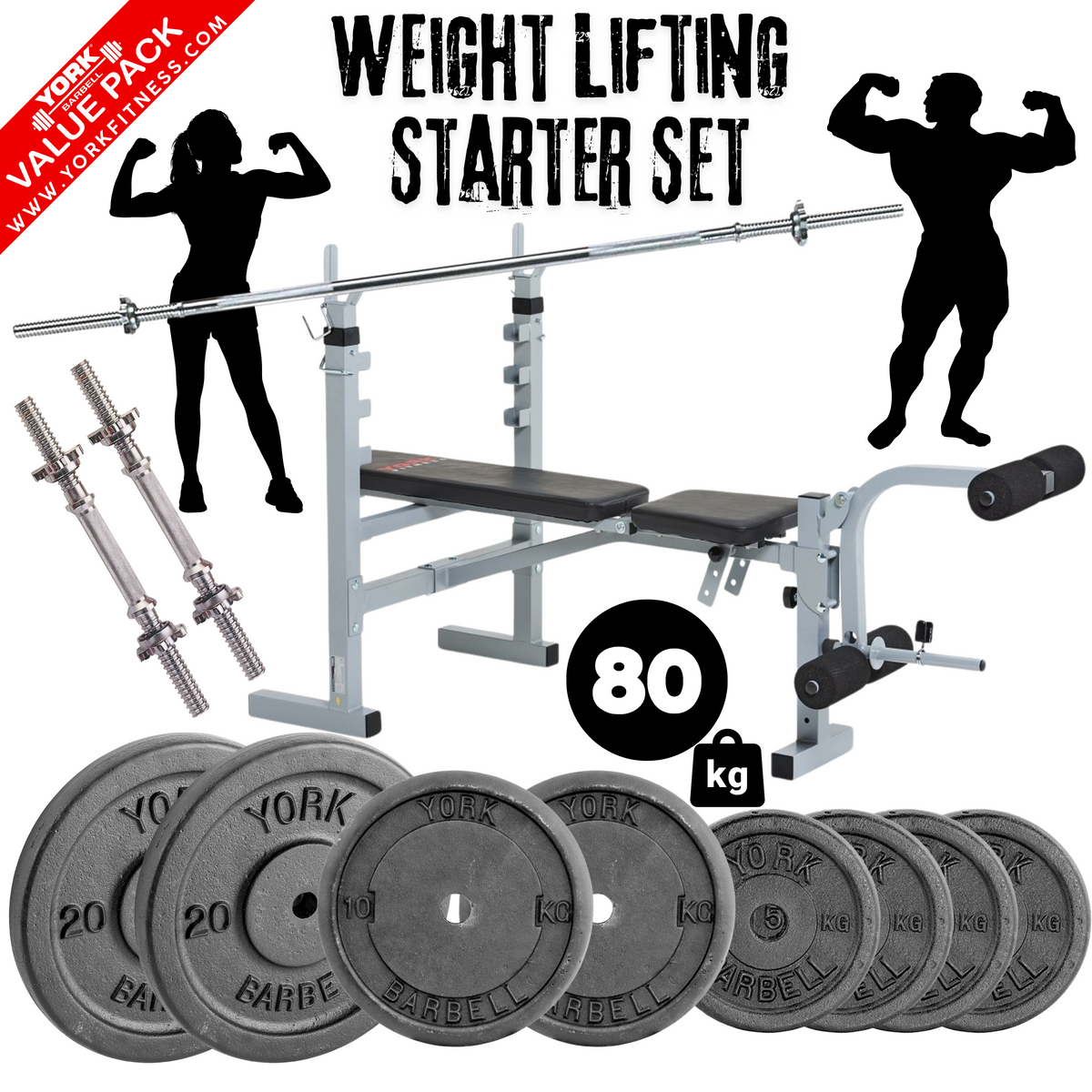 York Barbell Weight Lifting Starter Set - Bench, Bars & 80kg Weights