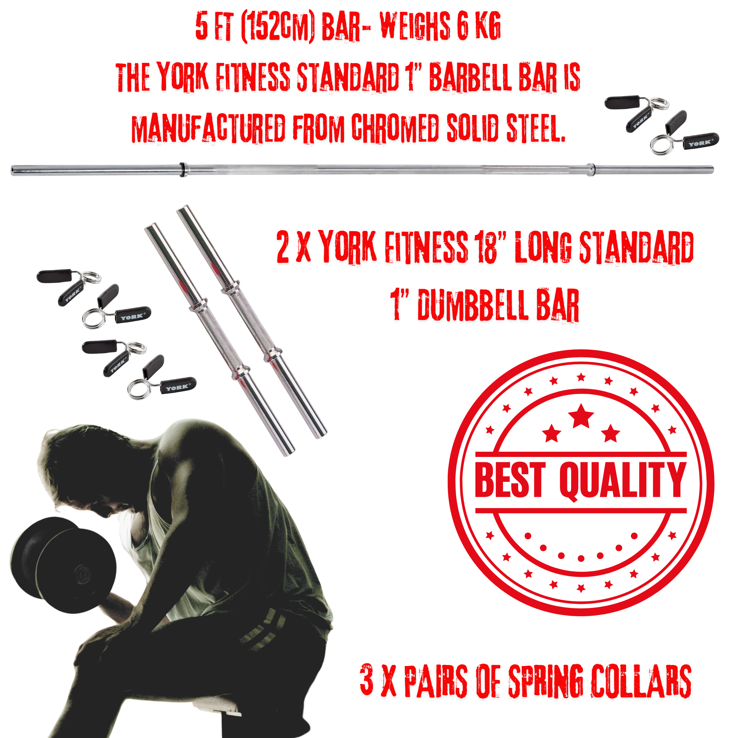 York Barbell Weight Lifting Starter Set - Bench, Solid Steel Bars & 80kg Weights