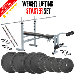 York Barbell Weight Lifting Starter Set - Bench, Solid Steel Bars & 80kg Weights